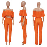 Women's Pleated Ruffle Off Shoulder crop top Wide Leg Pants two piece Set