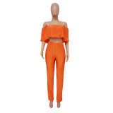 Women's Pleated Ruffle Off Shoulder crop top Wide Leg Pants two piece Set