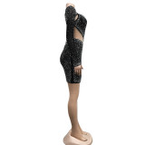 Women's Fashion Solid Color Mesh Beaded Long Sleeve Dress