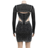 Women's Fashion Solid Color Mesh Beaded Long Sleeve Dress
