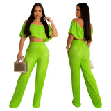 Women's Pleated Ruffle Off Shoulder crop top Wide Leg Pants two piece Set