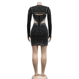 Women's Fashion Solid Color Mesh Beaded Long Sleeve Dress