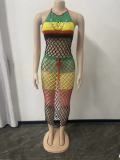 Women's long woven color block hollow out beach dress