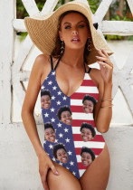 Women's Sexy one piece customize swimsuits straps backless custom bathing suit with face