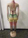 Women's long woven color block hollow out beach dress