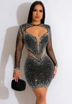 Women's Fashion Solid Color Mesh Beaded Long Sleeve Dress