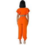 Ruffle Sleeve Crop Short turndown collar Shirt High Waist Casual Fashion pants Women's Two-piece Set