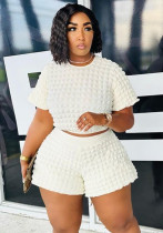 Plus Size Women's Loose Fit Two-Piece Summer Solid Casual Bubble Shorts Set