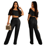 Women's Pleated Ruffle Off Shoulder crop top Wide Leg Pants two piece Set