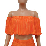 Women's Pleated Ruffle Off Shoulder crop top Wide Leg Pants two piece Set