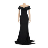 Women Short Sleeve French Sexy V-Neck Evening Dress solid Split Long Dress