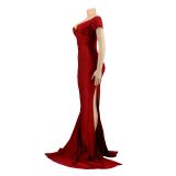Women Short Sleeve French Sexy V-Neck Evening Dress solid Split Long Dress