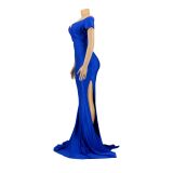 Women Short Sleeve French Sexy V-Neck Evening Dress solid Split Long Dress