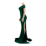 Women Short Sleeve French Sexy V-Neck Evening Dress solid Split Long Dress