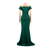 Women Short Sleeve French Sexy V-Neck Evening Dress solid Split Long Dress