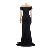 Women Short Sleeve French Sexy V-Neck Evening Dress solid Split Long Dress