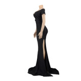 Women Short Sleeve French Sexy V-Neck Evening Dress solid Split Long Dress