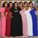 Women's Casual Fashion V-Neck Solid Color Plus Size Dress