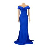 Women Short Sleeve French Sexy V-Neck Evening Dress solid Split Long Dress