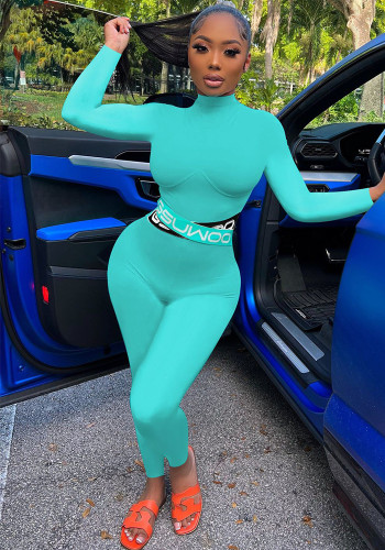 Women Sexy Letter Print Solid Color Long Sleeve Jumpsuit