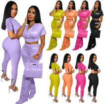 Women Solid Zipper Hooded Short Sleeve Top + Trousers Two Piece Set
