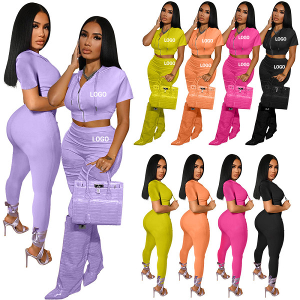 Women Solid Zipper Hooded Short Sleeve Top + Trousers Two Piece Set