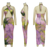 Women's Sexy Sleeveless Lace-Up Low Back Dress Slit Print Maxi Dress