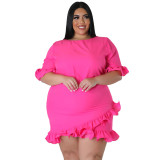 Plus Size Women's Fashion Fit Round Neck Solid Ruffle Casual Dress