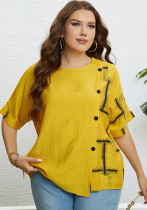 Women's Summer Yellow Round Neck Button Up Loose Top