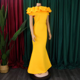 Women's Fashion Summer Solid Color Off Shoulder Mermaid Maxi Evening Dress