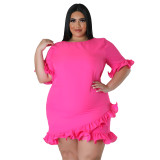Plus Size Women's Fashion Fit Round Neck Solid Ruffle Casual Dress