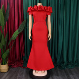 Women's Fashion Summer Solid Color Off Shoulder Mermaid Maxi Evening Dress