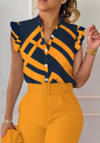 Women Summer V-Neck Button Butterfly Sleeve Printed Shirt