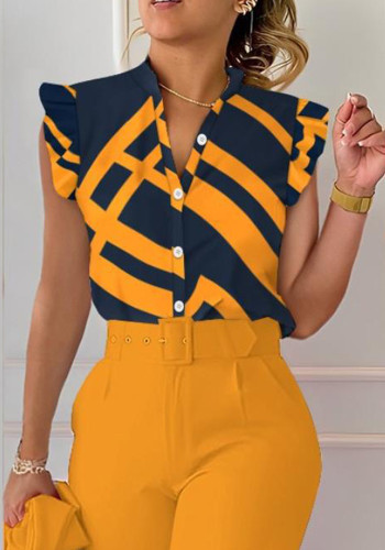 Women Summer V-Neck Button Butterfly Sleeve Printed Shirt