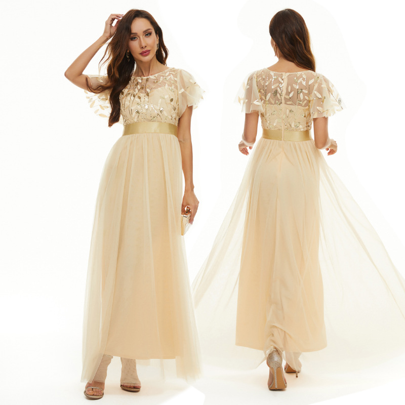Sequin Dress Short Sleeve Round Neck Swing Evening Gown Mesh Patchwork Bridesmaid Dress Formal Party Clothing
