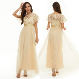 Sequin Dress Short Sleeve Round Neck Swing Evening Gown Mesh Patchwork Bridesmaid Dress Formal Party Clothing