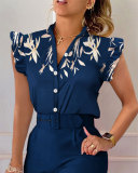 Women Summer V-Neck Button Butterfly Sleeve Printed Shirt