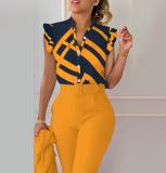 Women Summer V-Neck Button Butterfly Sleeve Printed Shirt