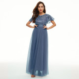 Sequin Dress Short Sleeve Round Neck Swing Evening Gown Mesh Patchwork Bridesmaid Dress Formal Party Clothing