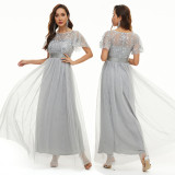 Sequin Dress Short Sleeve Round Neck Swing Evening Gown Mesh Patchwork Bridesmaid Dress Formal Party Clothing