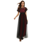 Sequin Dress Short Sleeve Round Neck Swing Evening Gown Mesh Patchwork Bridesmaid Dress Formal Party Clothing