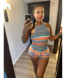 Summer Women's Sweater Fashion Print Low Back Halter Neck Top Bodycon Tight Fitting Pants Set