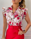 Women Summer V-Neck Button Butterfly Sleeve Printed Shirt