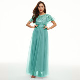 Sequin Dress Short Sleeve Round Neck Swing Evening Gown Mesh Patchwork Bridesmaid Dress Formal Party Clothing