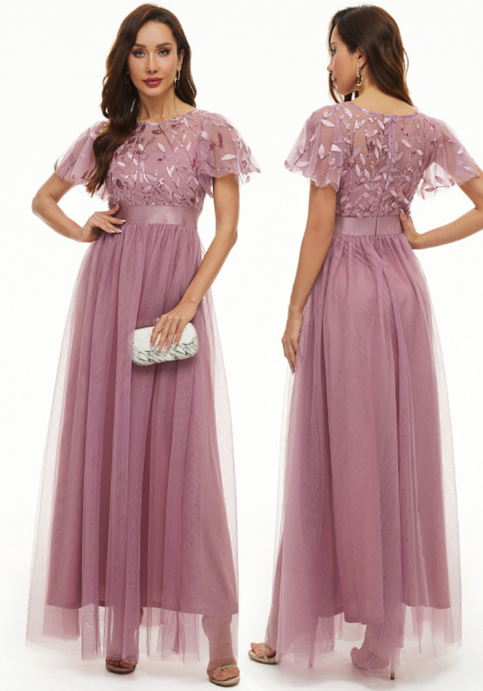 Sequin Dress Short Sleeve Round Neck Swing Evening Gown Mesh Patchwork Bridesmaid Dress Formal Party Clothing