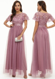 Sequin Dress Short Sleeve Round Neck Swing Evening Gown Mesh Patchwork Bridesmaid Dress Formal Party Clothing