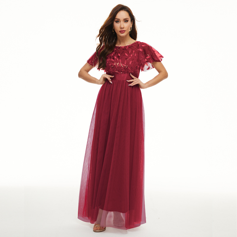 Sequin Dress Short Sleeve Round Neck Swing Evening Gown Mesh Patchwork Bridesmaid Dress Formal Party Clothing
