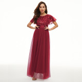 Sequin Dress Short Sleeve Round Neck Swing Evening Gown Mesh Patchwork Bridesmaid Dress Formal Party Clothing