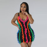 Women Contrasting Ruffles Line Irregular Mini Dress