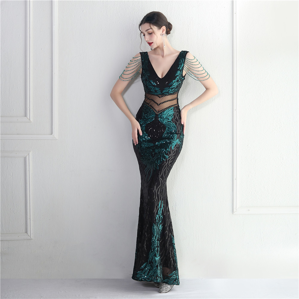 Women high-tech positioning flower heavy industry beading long mermaid evening dress suitable for formal occasions